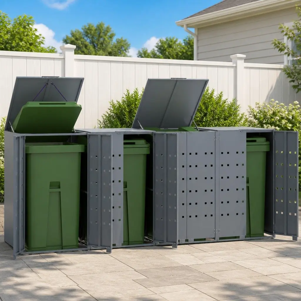 Wheelie Bin Storage Shed for 4 Bins Grey Powder-Coated Steel Construction with Gas-Spring Lid and Ventilation Panels