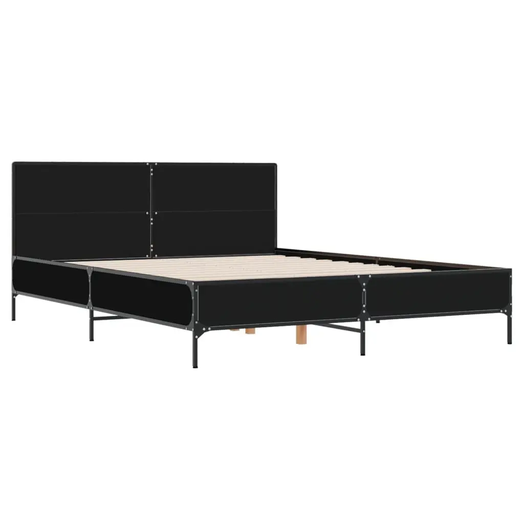 Bed Frame 150x200 cm Black Engineered Wood Metal Legs Plywood Slats Headboard