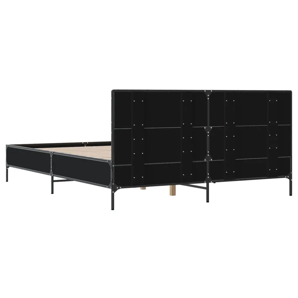 Bed Frame 150x200 cm Black Engineered Wood Metal Legs Plywood Slats Headboard