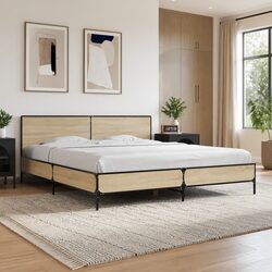 King Bed Frame 183x203cm Brown Engineered Wood Headboard Slatted Base Metal Legs