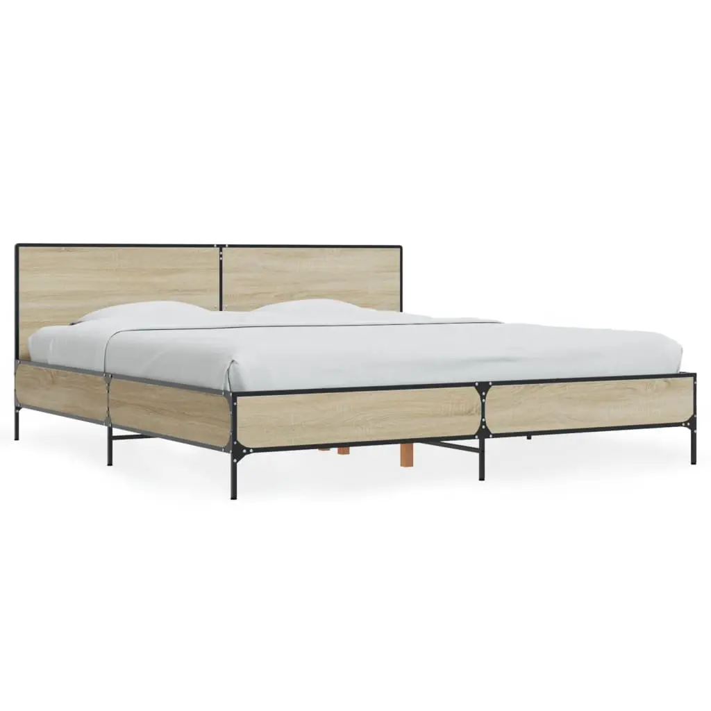 King Bed Frame 183x203cm Brown Engineered Wood Headboard Slatted Base Metal Legs
