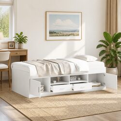 White Wooden Daybed with Built-In Storage Drawers