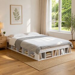 Bed Frame White 135x190 cm Slatted Base Storage Compartments Bedroom Furniture