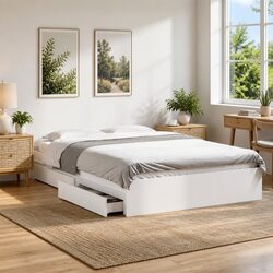White Bed Frame with Storage Drawers Slatted Base 150x200 cm Modern Bedroom