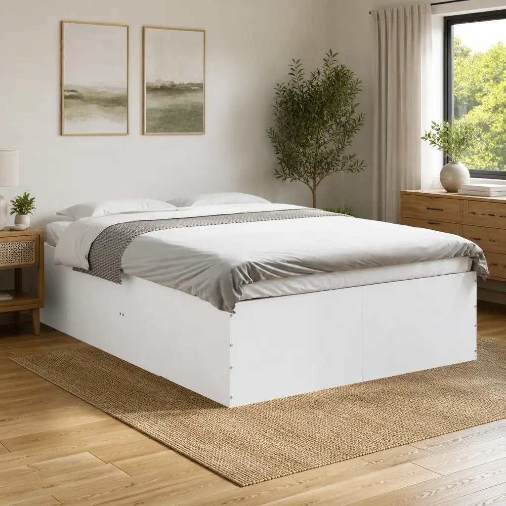 Bed Frame White 135x190 cm Engineered Wood Slatted Base Modern Design Bedroom