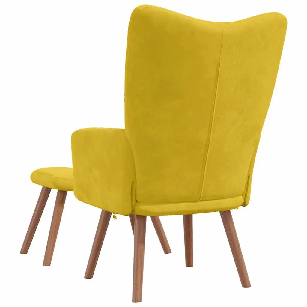 Armchair Set Mustard Yellow Velvet Padded with Footstool Block Detailing
