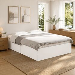 Bed Frame White 135x190 cm Modern Design Engineered Wood Slats Support