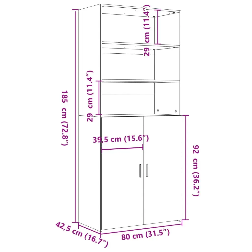 Highboard Storage Cabinet Brown Engineered Wood 80x42.5x185cm Open Compartments Hinged Doors