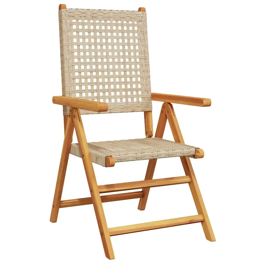 7 Piece Outdoor Dining Set Beige Poly Rattan Solid Wood Extendable Table Foldable Chairs