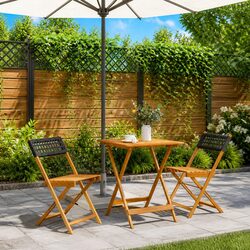 3 Piece Bistro Set Black Outdoor Garden Patio Furniture Poly Rattan Acacia Wood