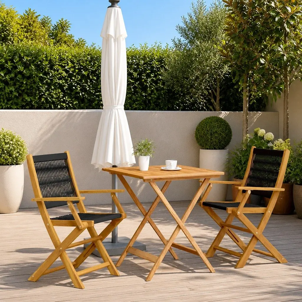 Foldable Bistro Set Black Acacia Wood Outdoor Garden Patio Dining Table with Two Chairs