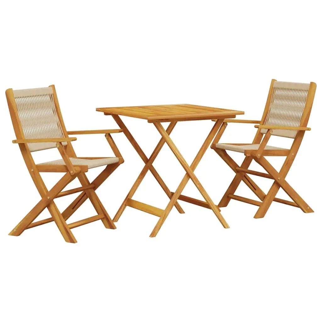 Beige 3 Piece Outdoor Bistro Set Foldable Acacia Wood Patio Dining Table and Chairs