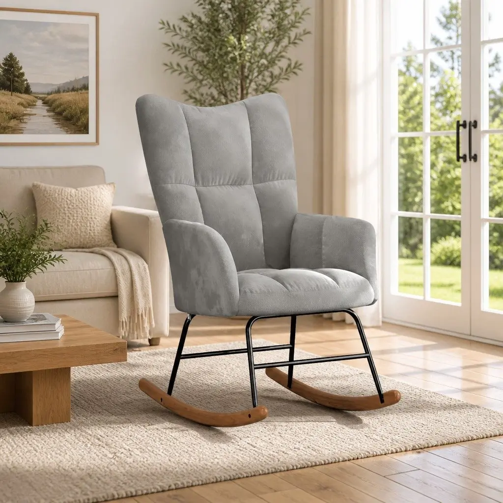 Rocking Chair Grey Velvet Upholstered Padded Armchair Lounge Seat Living Room