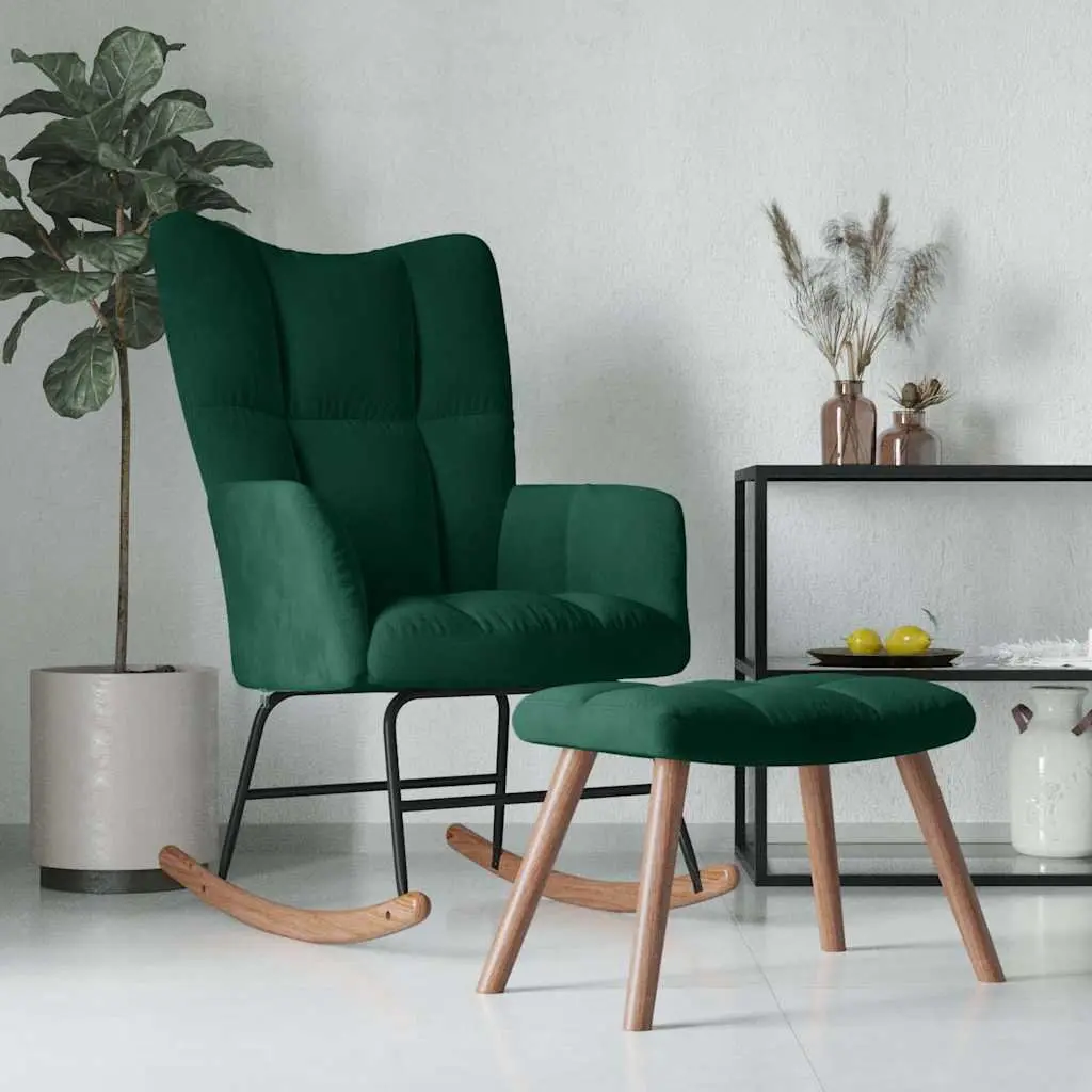 Rocking Chair with Stool Dark Green Velvet Thickly Padded Foam Block Detailing