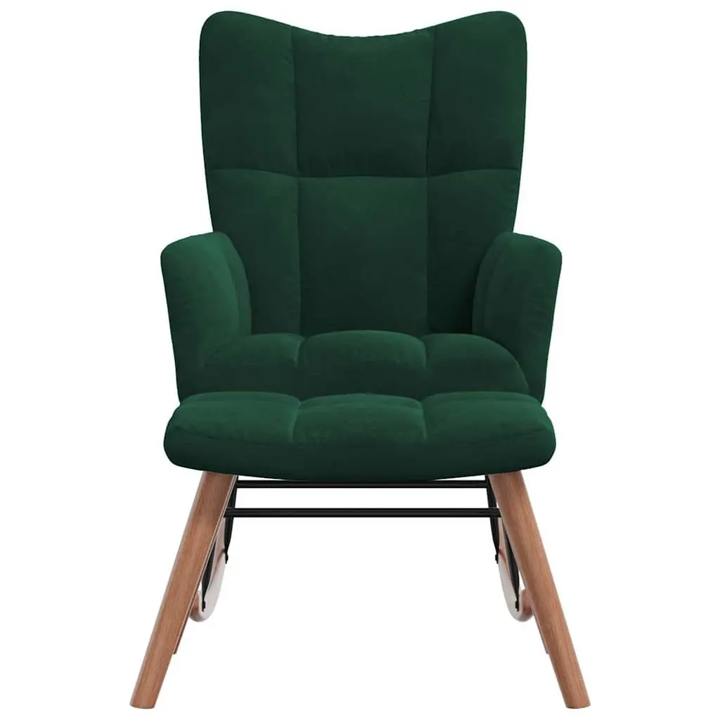 Rocking Chair with Stool Dark Green Velvet Thickly Padded Foam Block Detailing