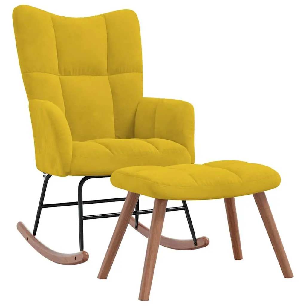 Rocking Chair with Stool Mustard Yellow Velvet Armchair Relaxing Living Room