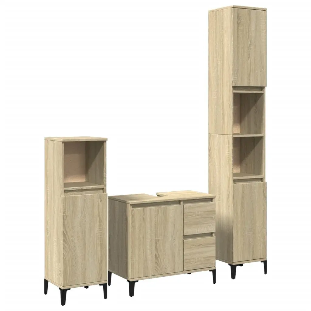 Bathroom Furniture Set 3 Piece Brown Engineered Wood Storage Sink Vanity