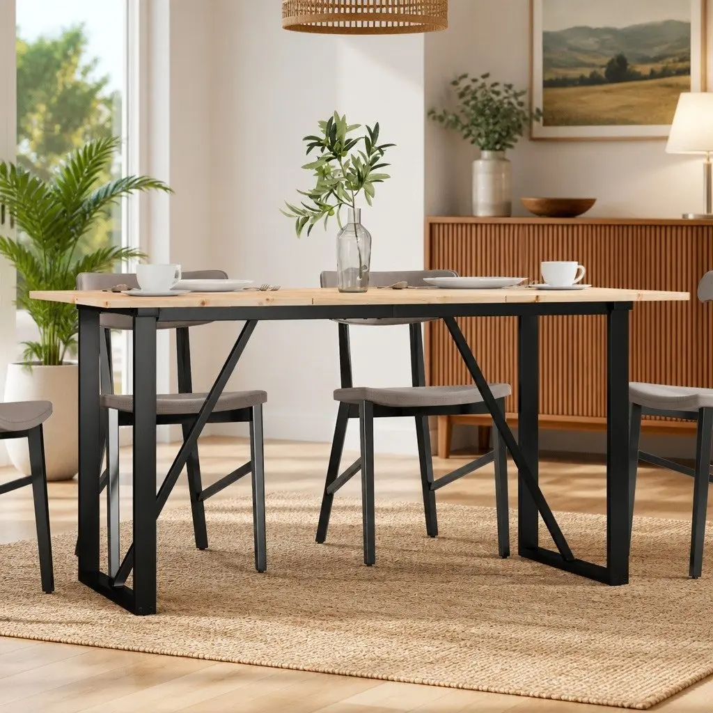 Dining Table 140x80x75 cm Solid Pine Wood Steel O-Frame Brown