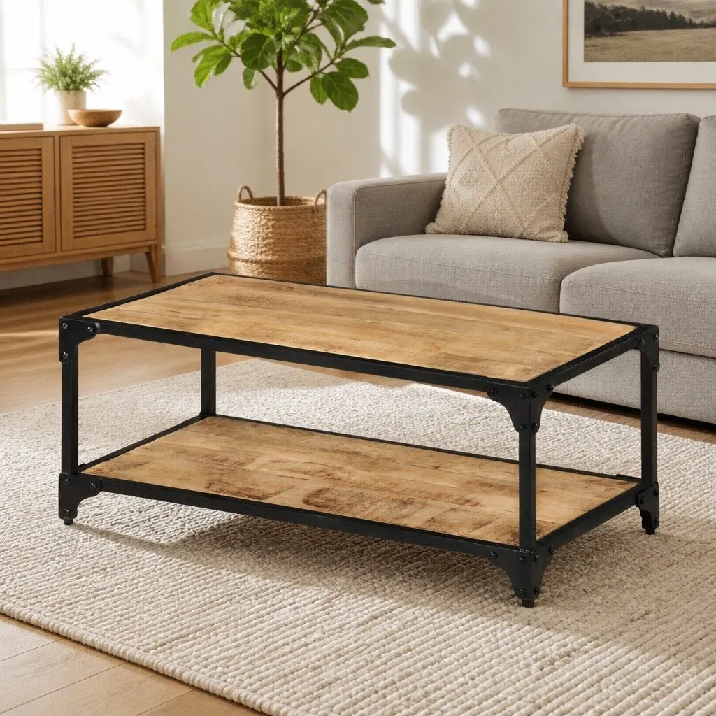 Coffee Table 90x45x35cm Solid Mango Wood Vintage Style with Lower Shelf Brown