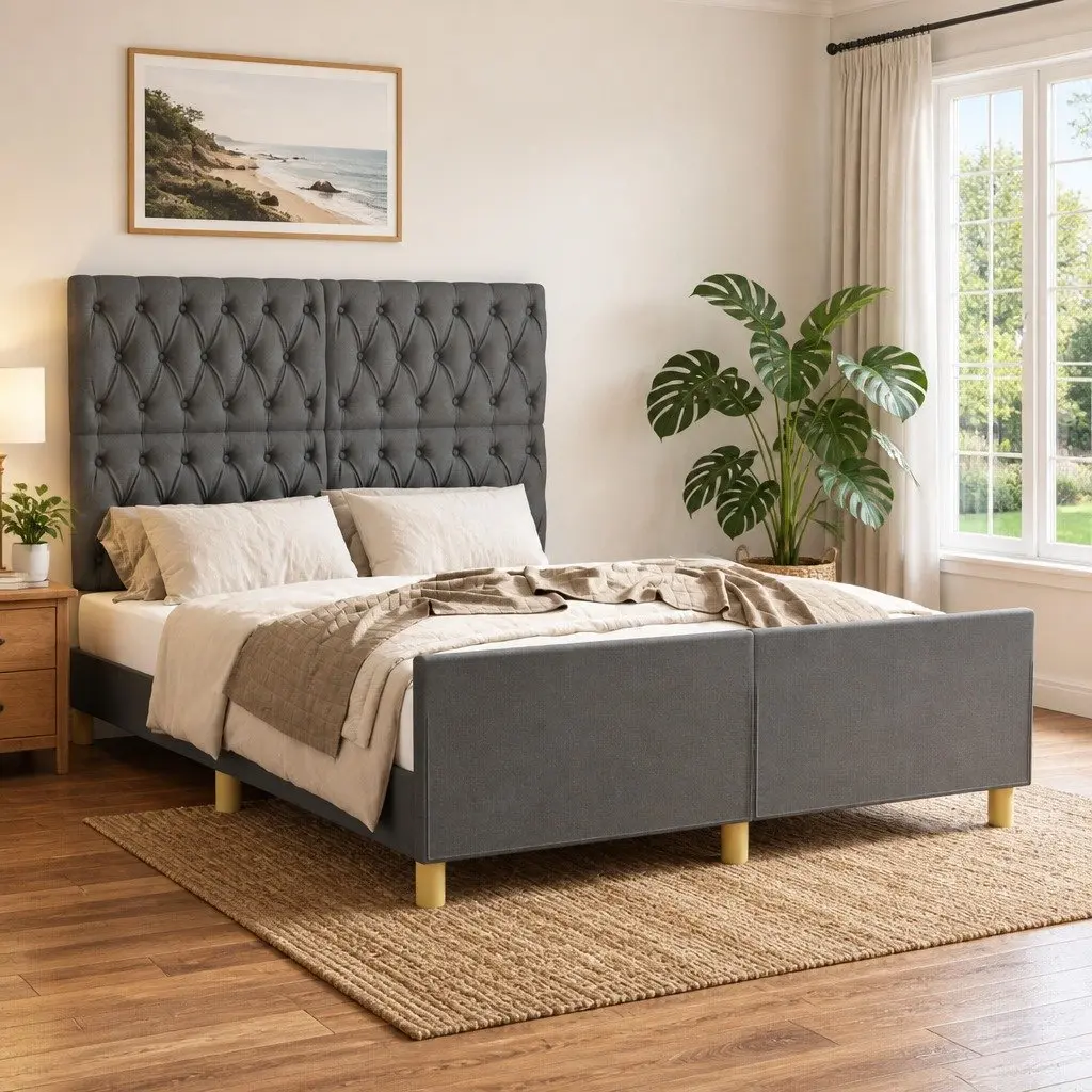 Double Bed Frame 137x187cm Grey Fabric Adjustable Headboard