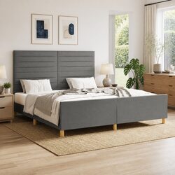 Queen Bed Frame Dark Grey Fabric Headboard Adjustable Height Plywood Slats