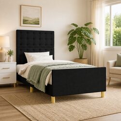 King Single Size Bed Frame with Stylish Black Fabric Headboard