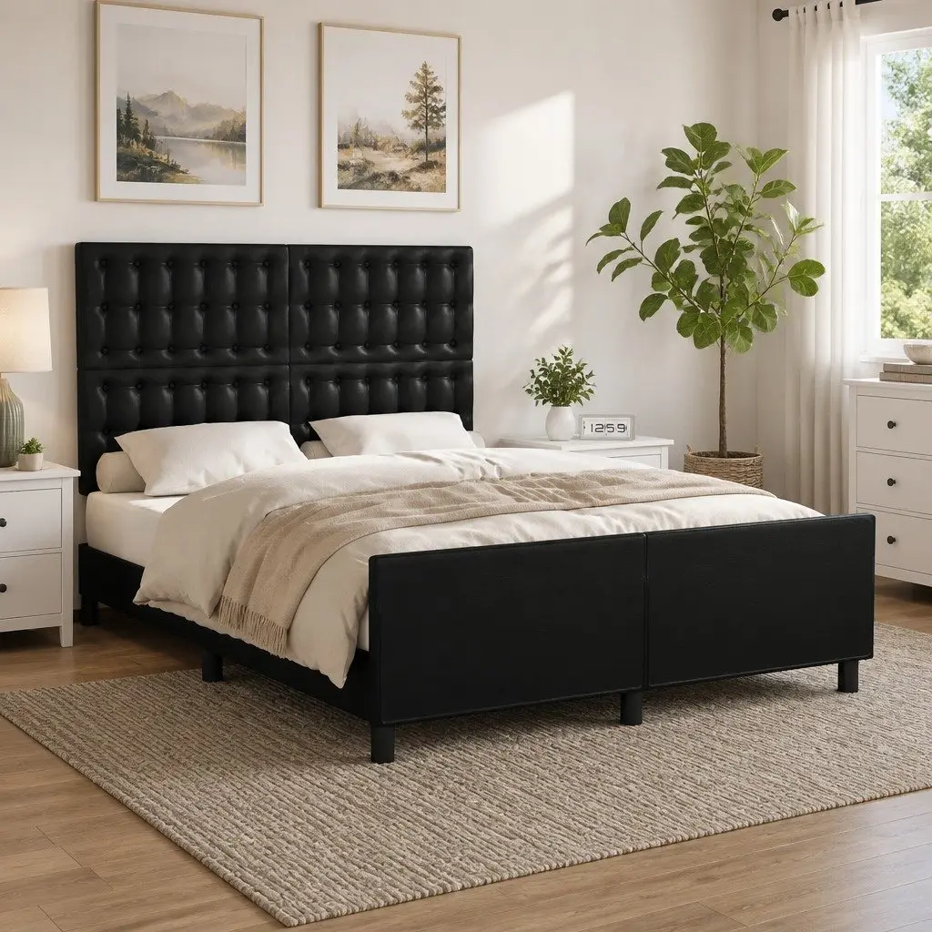 Double Bed Frame 137x187cm Black Faux Leather Upholstery Adjustable Headboard