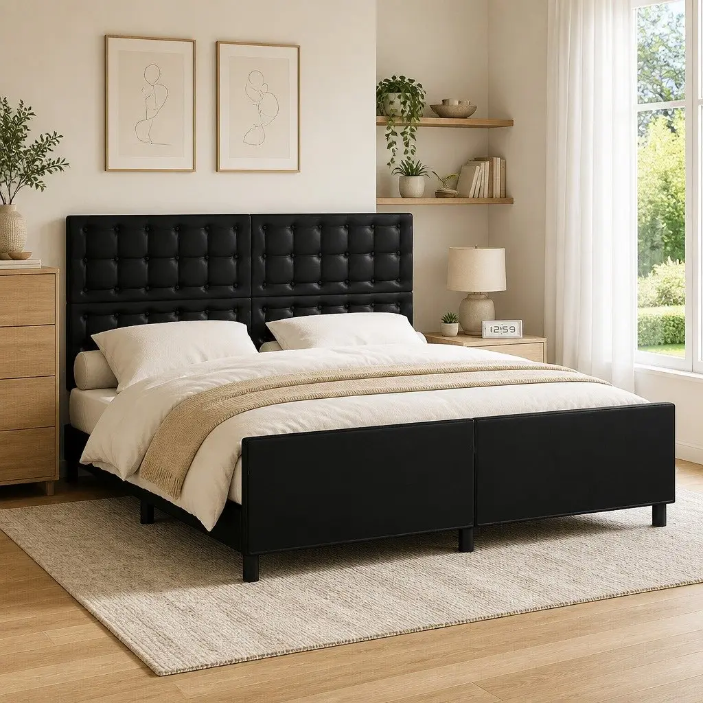 Queen Bed Frame 152x203 cm Black Faux Leather Upholstered Headboard