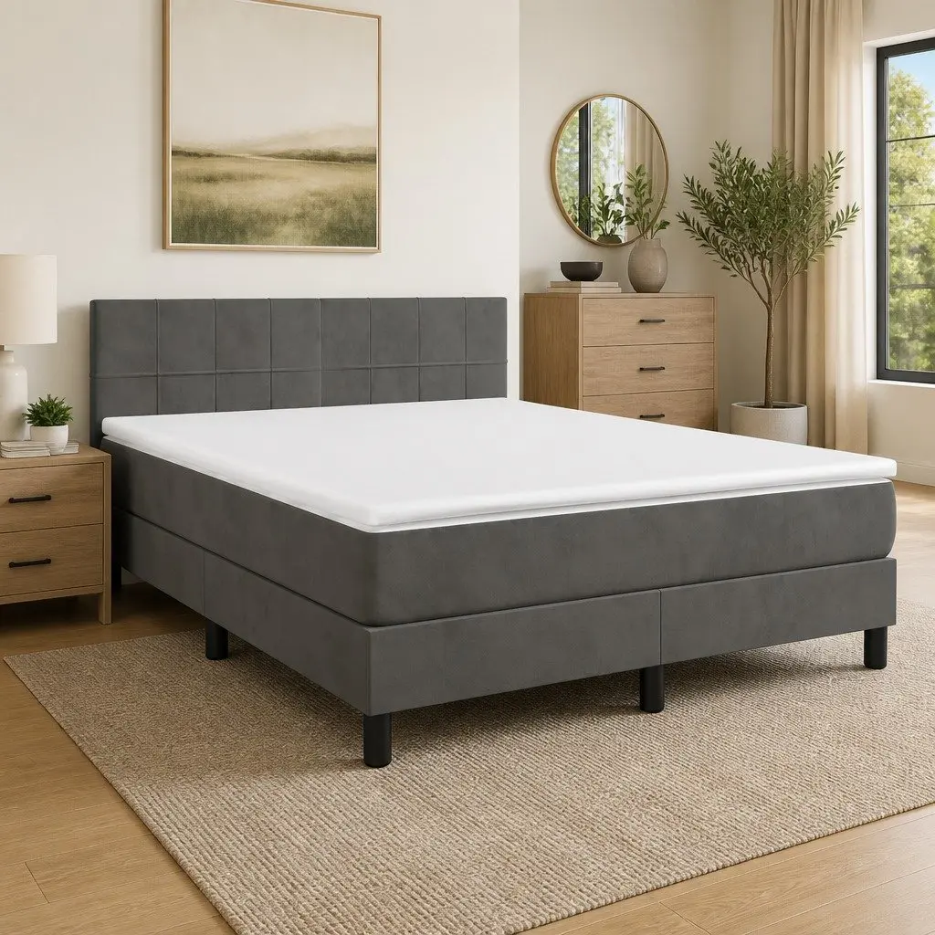 Queen Size Bed Frame with Adjustable Headboard Pocket Spring Mattress Dark Grey Velvet 153x203cm