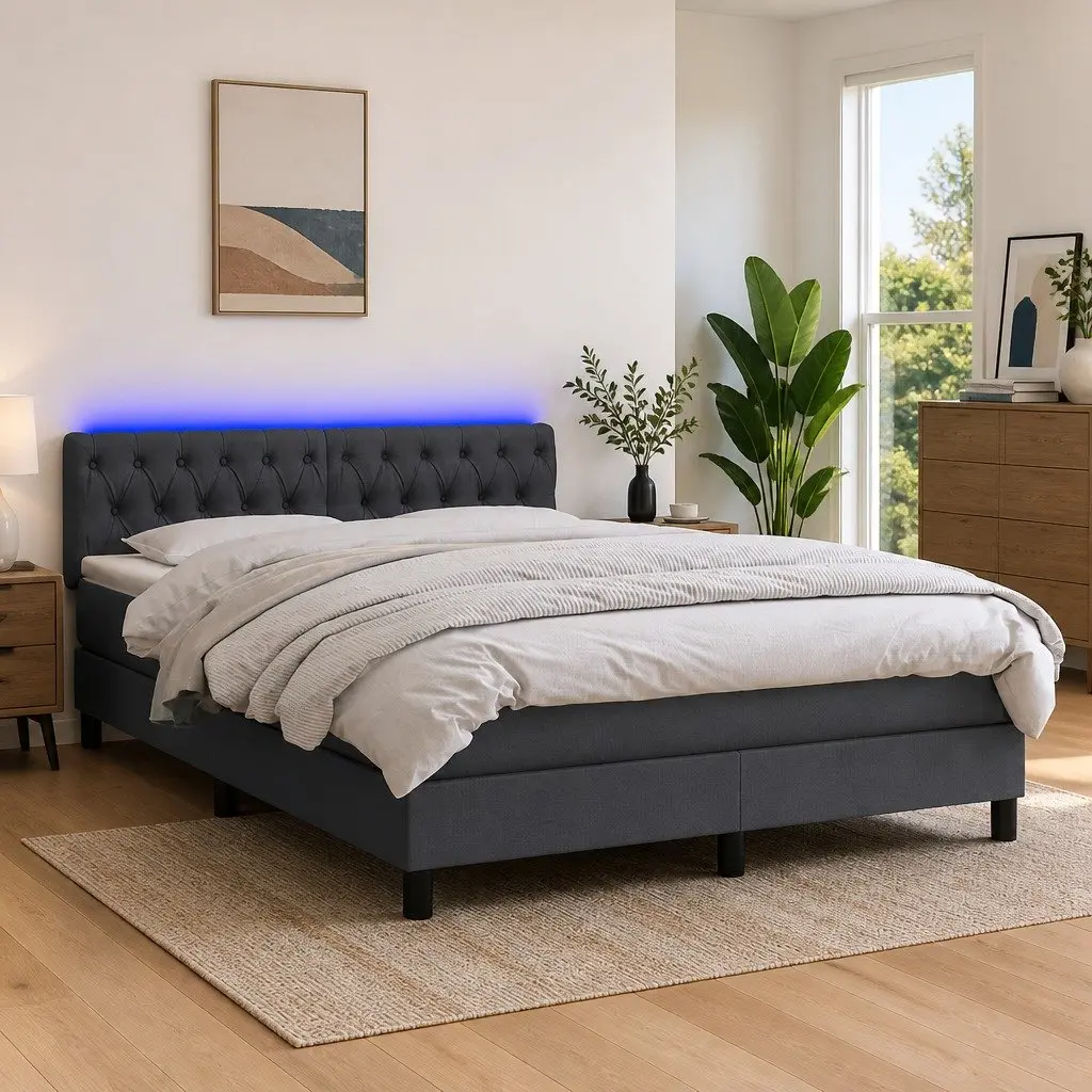Queen Size Bed with Pocket Spring Mattress Adjustable LED Headboard Grey Fabric