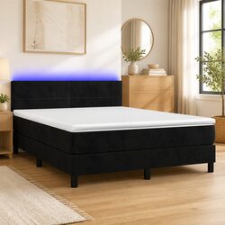 Queen Box Spring Bed with Pocket Spring Mattress LED Headboard Black Velvet