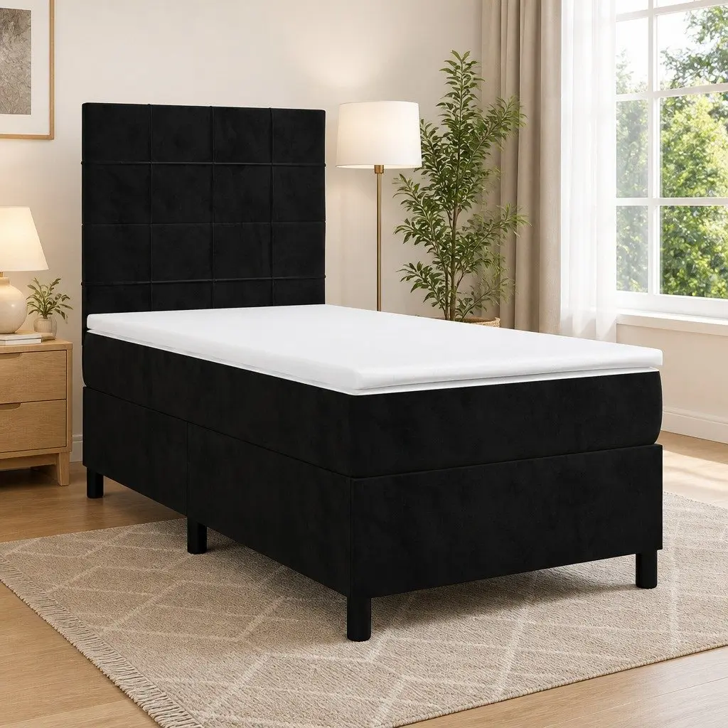 Box Spring Bed King Single 106x203cm Velvet Upholstered Frame Adjustable Headboard Pocket Spring Mattress