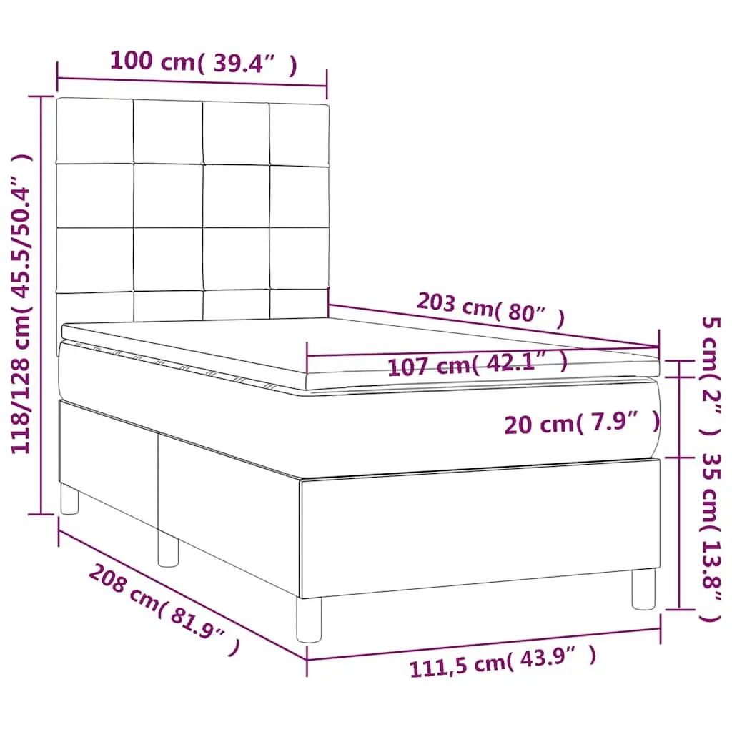 Box Spring Bed King Single 106x203cm Velvet Upholstered Frame Adjustable Headboard Pocket Spring Mattress