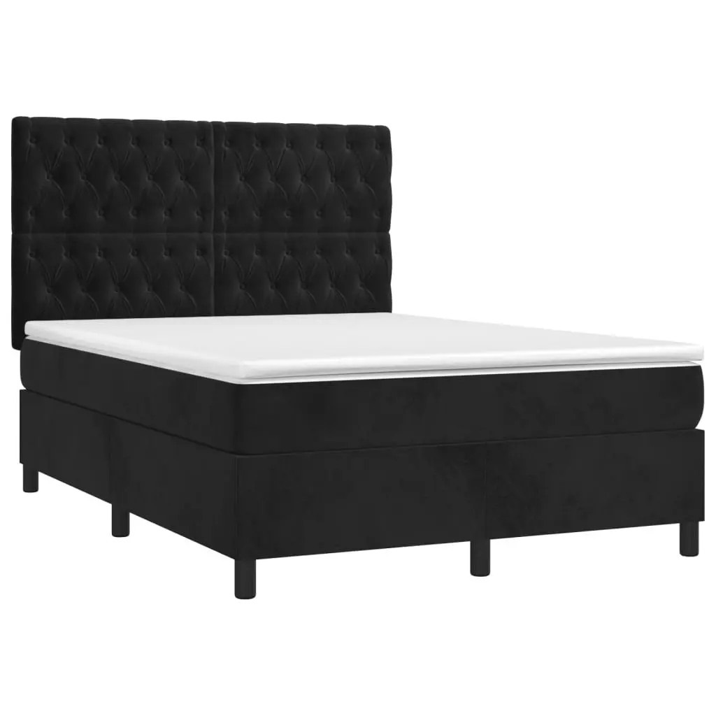 Double Box Spring Bed 137 x 187 cm Pocket Spring Mattress Adjustable Velvet Headboard with LED Lighting Black