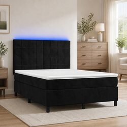 Queen Size Box Spring Bed with Pocket Spring Mattress LED Headboard Black Velvet