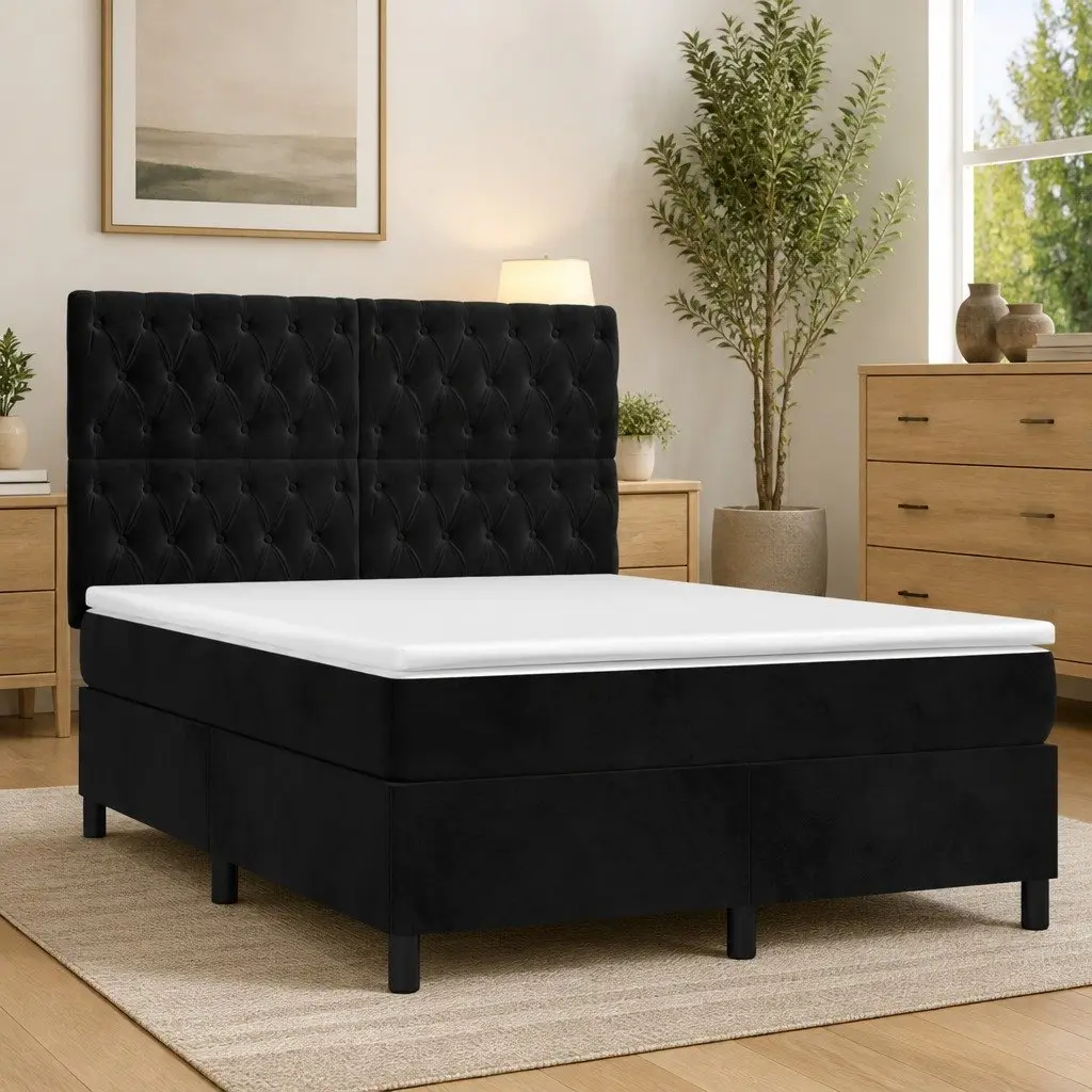 Queen Size Velvet Upholstered Box Spring Bed with Adjustable Headboard and Pocket Spring Mattress Black