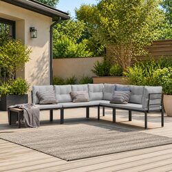 Outdoor Garden Bench Set 4 Pieces Black Steel Frame with Cushions Side Table