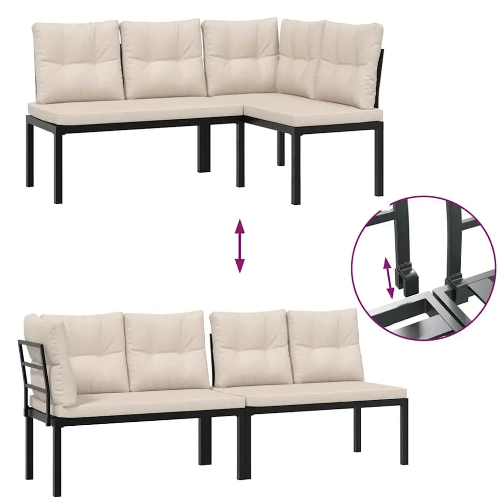 Garden Bench Set 3 Pieces Black Powder-Coated Steel Frame with Cushions