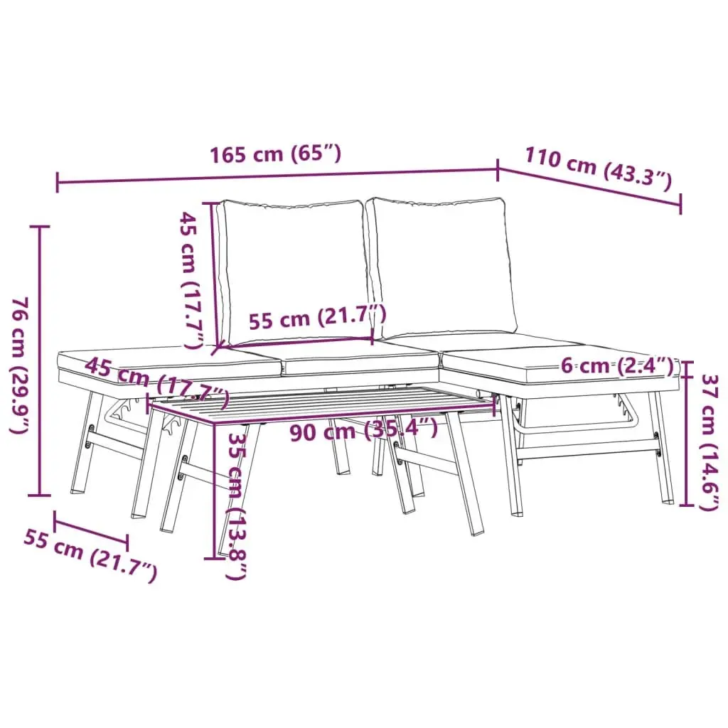 3 Piece Garden Bench Set Adjustable Lounger Outdoor Patio Furniture