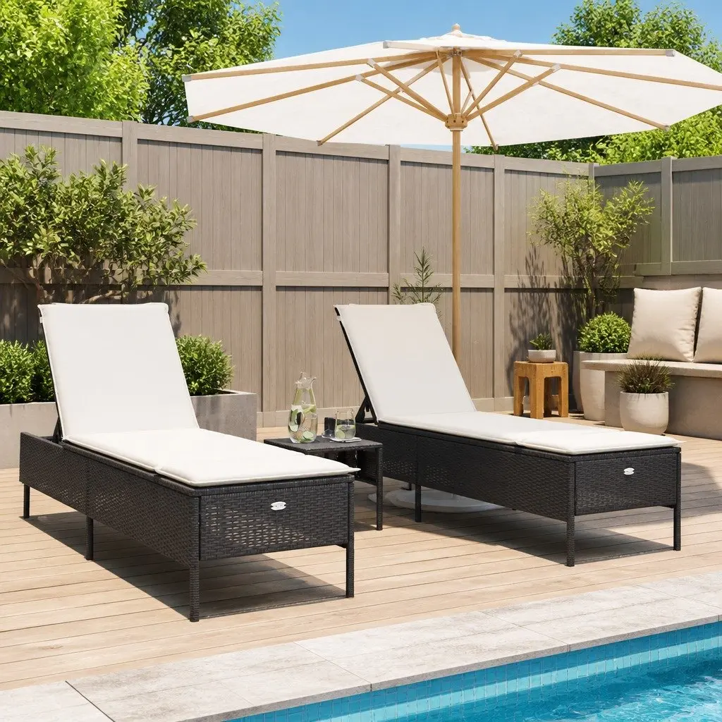 Sun Lounger Set 3 Piece Black Adjustable Backrest Thickly Padded Cushions Outdoor Garden Furniture