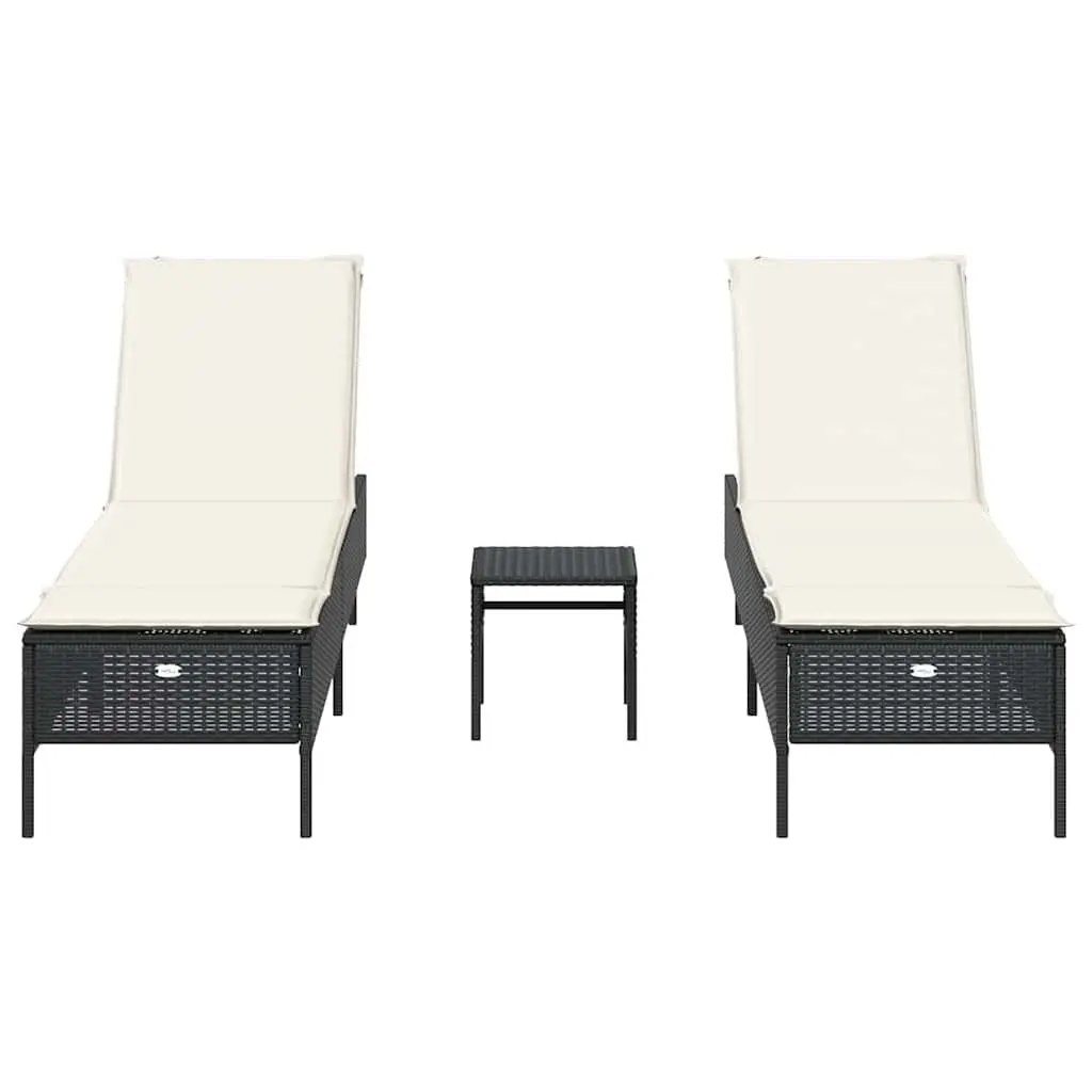 Sun Lounger Set 3 Piece Black Adjustable Backrest Thickly Padded Cushions Outdoor Garden Furniture