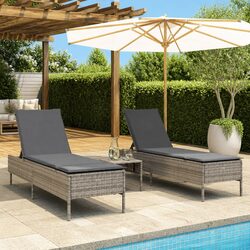 Sun Lounger Set 3 Piece Outdoor Seating Grey Adjustable Backrest Cushions