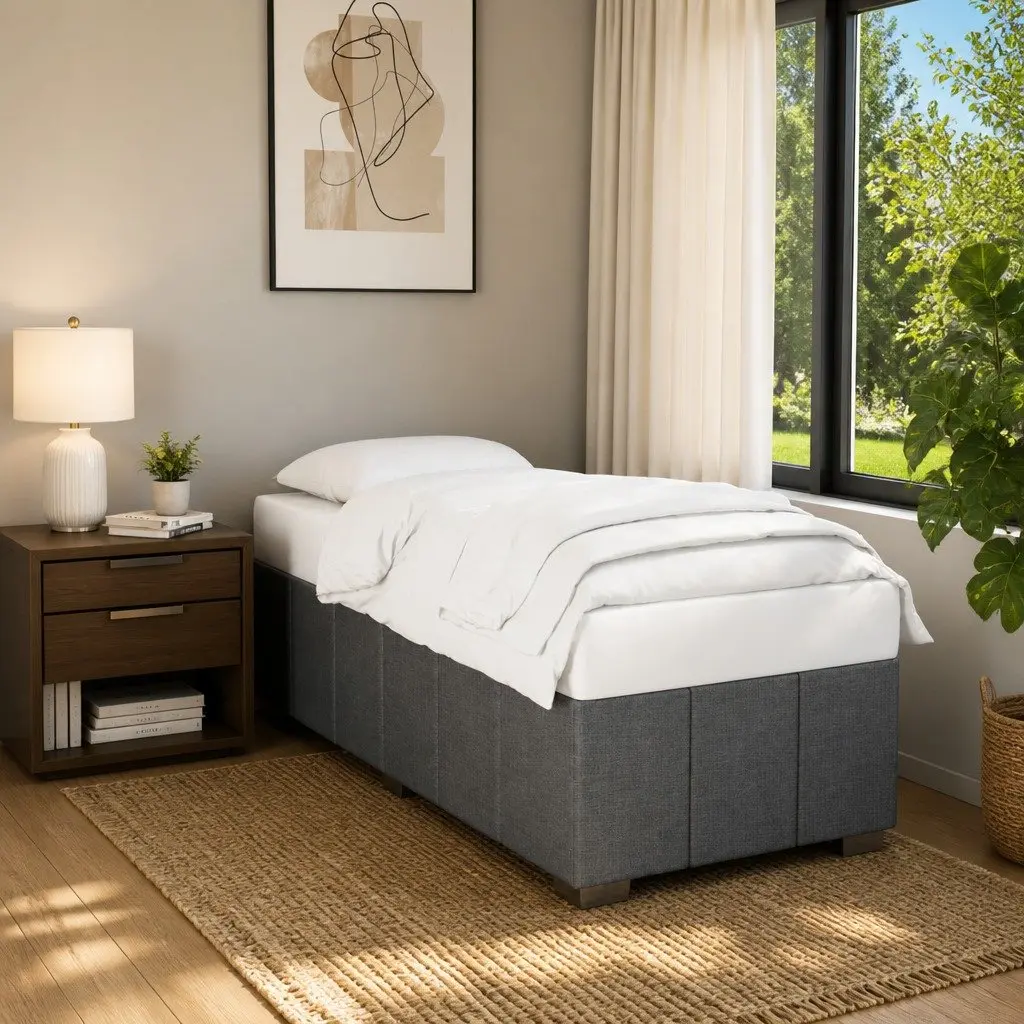 King Single Bed Frame Dark Grey Fabric Upholstered Sturdy Support