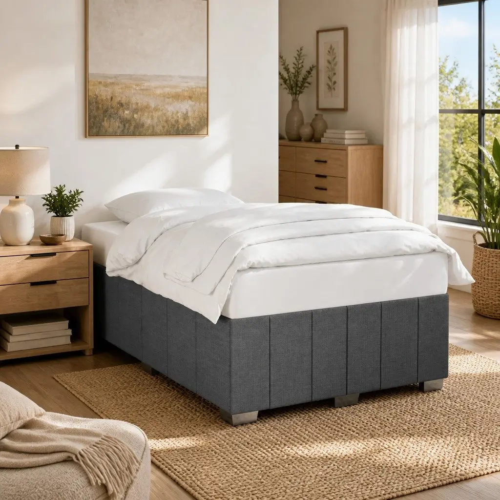 Double Bed Frame Grey Fabric Wooden Slats Support Bedroom Furniture