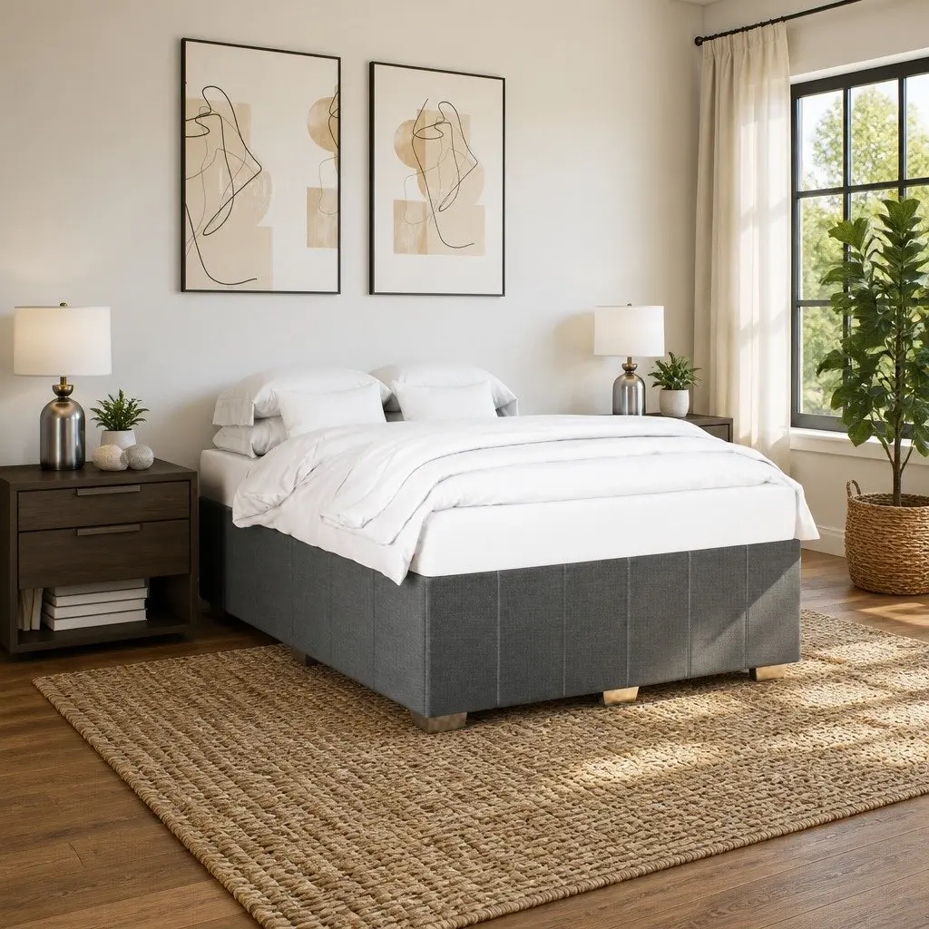 Queen Size Bed Frame Upholstered Dark Grey Fabric with Slat Support System