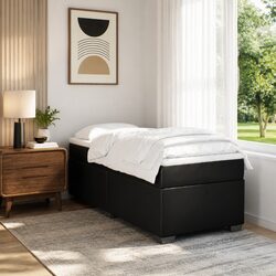 King Single Box Spring Bed with Pocket Mattress Black Faux Leather Frame