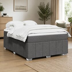 Double Box Spring Bed with Mattress in Stylish Grey Fabric