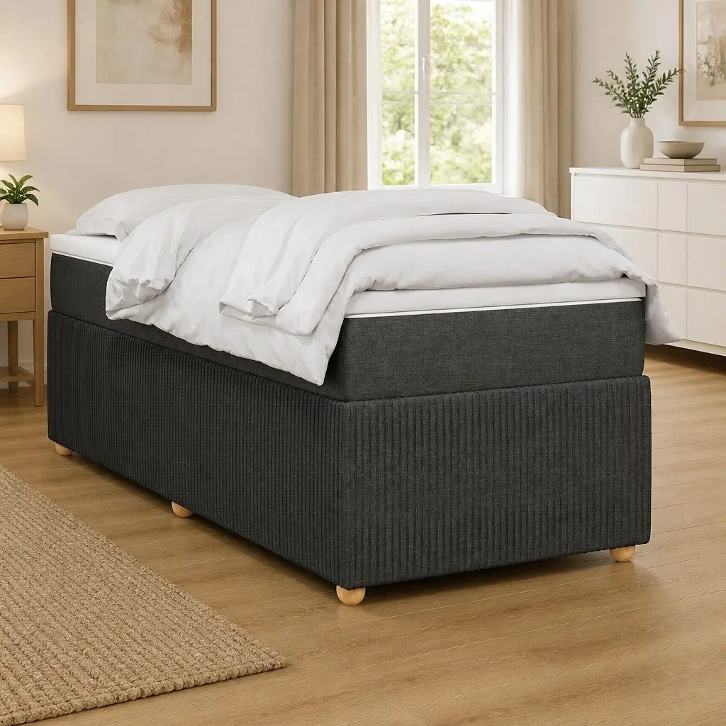King Single Box Spring Bed Pocket Spring Mattress Black Fabric Frame