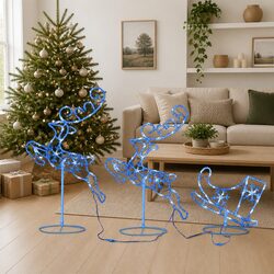 Christmas Flying Reindeer Sleigh Decoration 260cm LED Lights Outdoor Indoor Blue