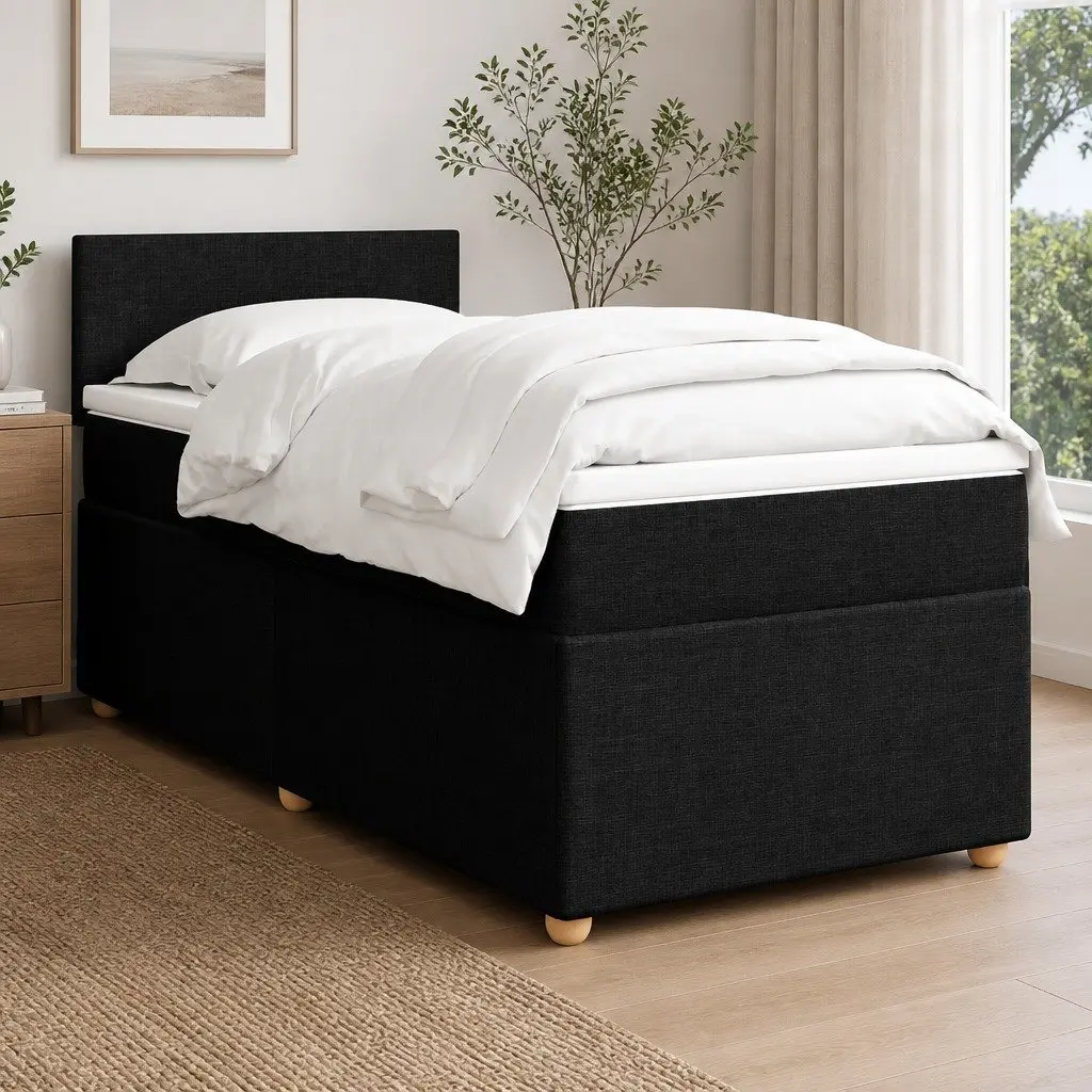 King Single Box Spring Bed with Pocket Spring Mattress Black Fabric Frame